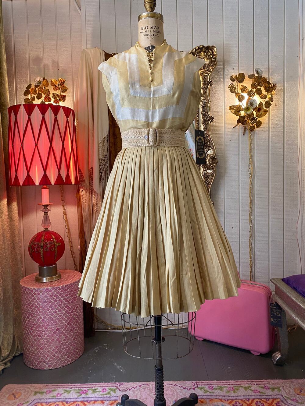 vintage 1950s champagne silk dress, 50s fit and flare, pleated, carlye, mcm, s